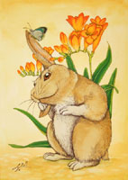 ウサギとフリージアのペン画イラスト 水彩イラスト ペン画