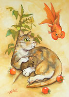 ネコは金魚に、ネズミはトマトに夢中になってるイラスト