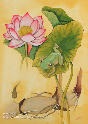 ナマズの子どもを眺めているカエルと蓮の花のイラスト アクリル・ペン画 植物画 イラスト