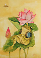 蓮の葉っぱでくつろぐトノサマガエルのイラスト アクリル・ペン画 植物画