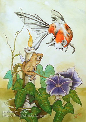 朱文金 金魚 カエル ブチモモアマガエル 朝顔 植物画イラスト
